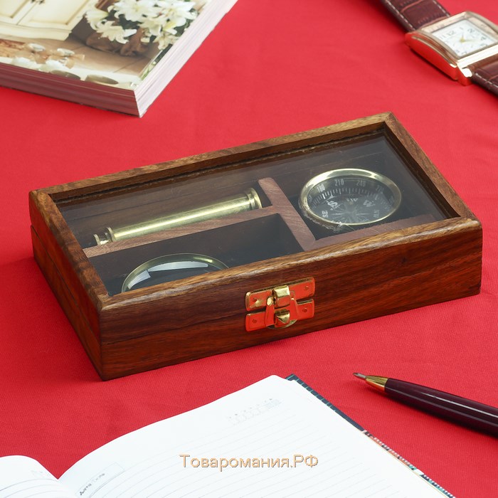 Сувенирный набор в шкатулке "Капитан" (лупа, компас, подзорная труба) 17х10,5х3,2 см