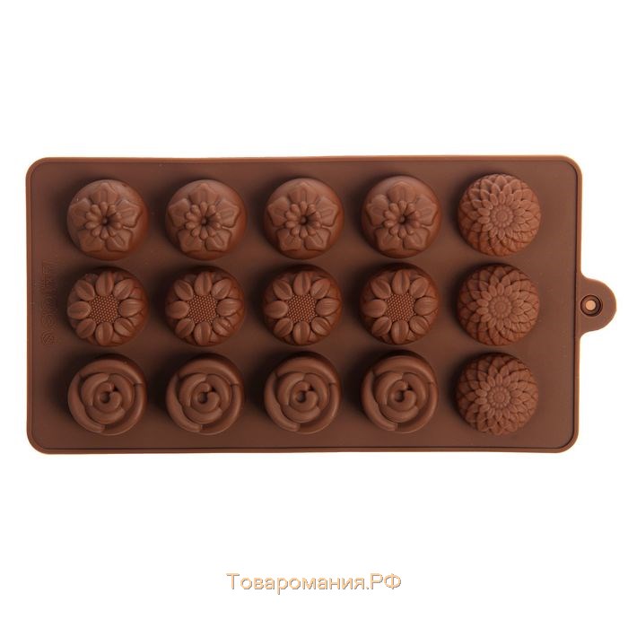 Форма для шоколада «Клумба цветов», силикон, 20,5×10,5×1,5 см, 15 ячеек, цвет коричневый