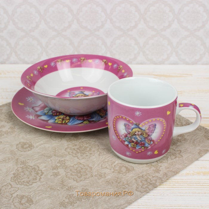 Набор детской посуды из керамики «Дюймовочка», 3 предмета: кружка 230 мл, миска 400 мл, тарелка d=18 см,цвет белый