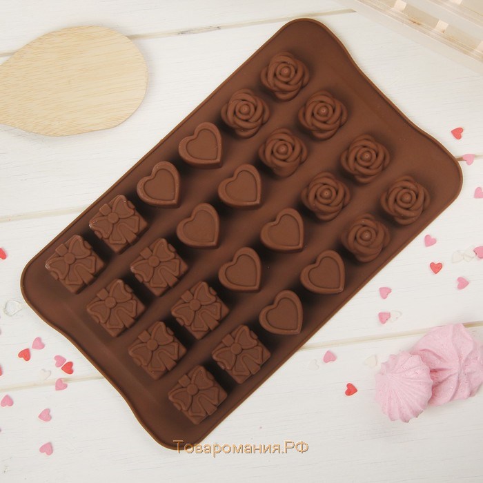 Форма для шоколада «Подарок, сердце, роза», силикон, 23,2×13,8×1,1 см, 24 ячейки (2,6×2,6×2 см), цвет МИКС