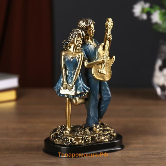 Сувенир полистоун "Парочка - свидание под гитару" серебро с синим 19х8х12 см МИКС