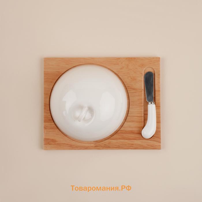 Маслёнка SL Home «Тренто», 22×17,5 см, на деревянной подставке, с ножом для масла, фарфор, белая