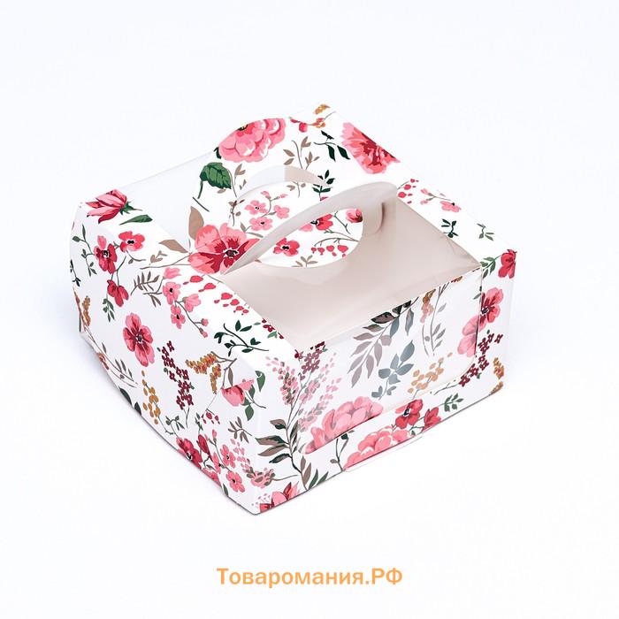 Коробка под бенто - торт с окном «Цветочная роспись», 14×14×8 см