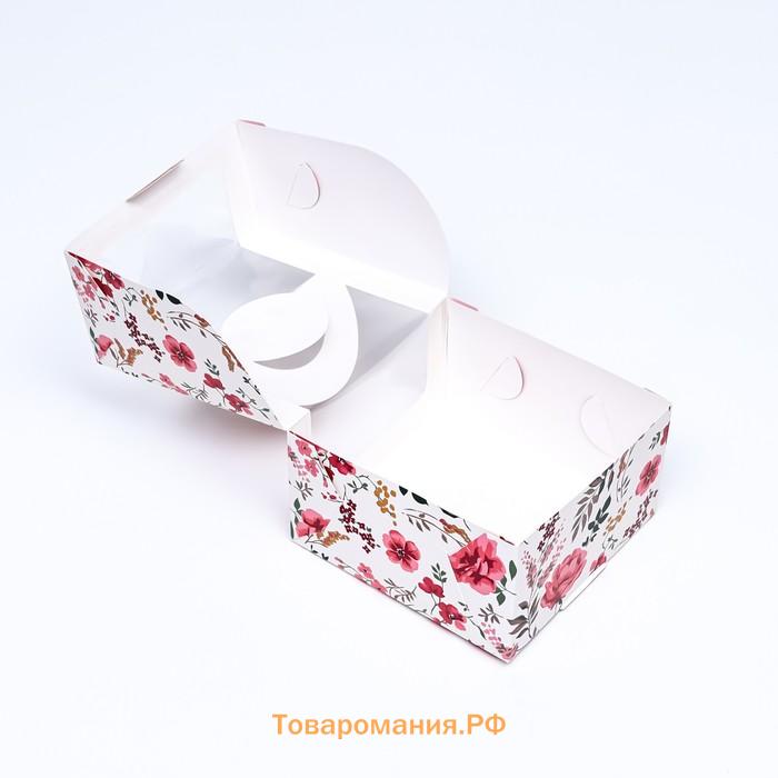 Коробка под бенто - торт с окном «Цветочная роспись», 14×14×8 см
