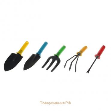 Набор садового инструмента, 5 предметов: 2 совка, рыхлитель, вилка, корнеудалитель, длина 27 см, пластиковые ручки, цвет МИКС , Greengo
