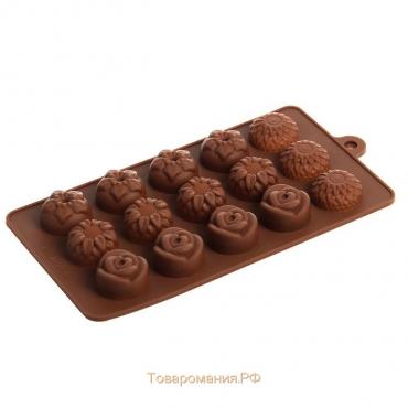 Форма для шоколада «Клумба цветов», силикон, 20,5×10,5×1,5 см, 15 ячеек, цвет коричневый