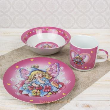 Набор детской посуды из керамики «Дюймовочка», 3 предмета: кружка 230 мл, миска 400 мл, тарелка d=18 см,цвет белый