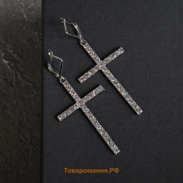 Серьги со стразами «Крестики» классика удлинённые, белые в серебре
