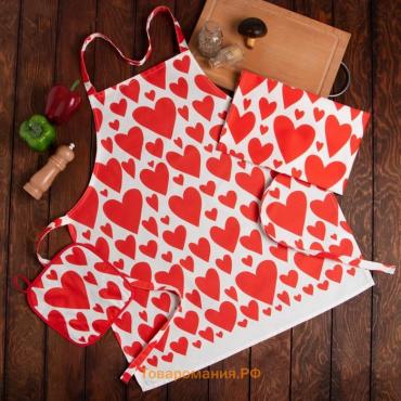 Кухонный набор  Red hearts, полотенце 40х73 см, прихватка 19х19 см, фартук 60х65 см